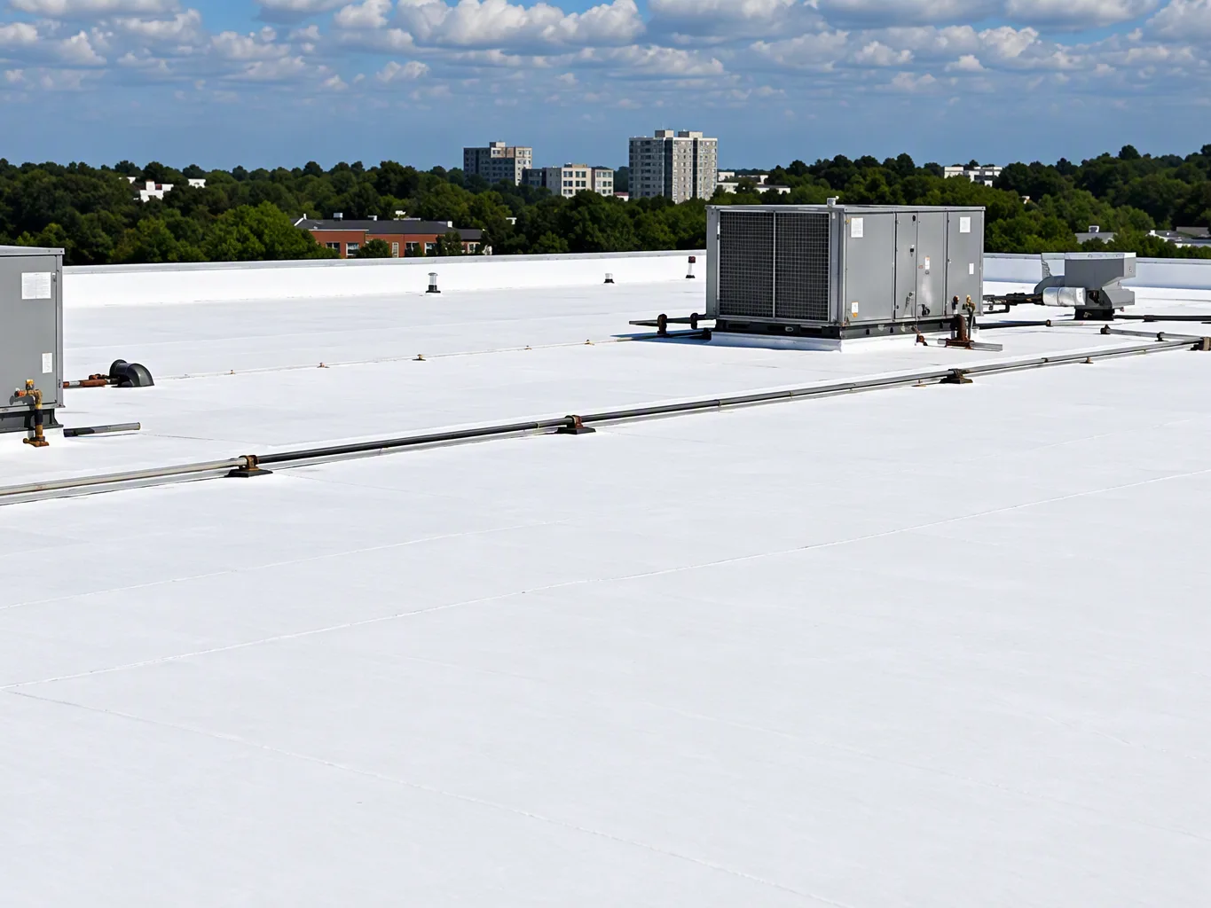 A roofer working on a residential commercial roofing job — mid-task, hands, tools and the work itself in sharp focus, the rest of the space softly out of focus