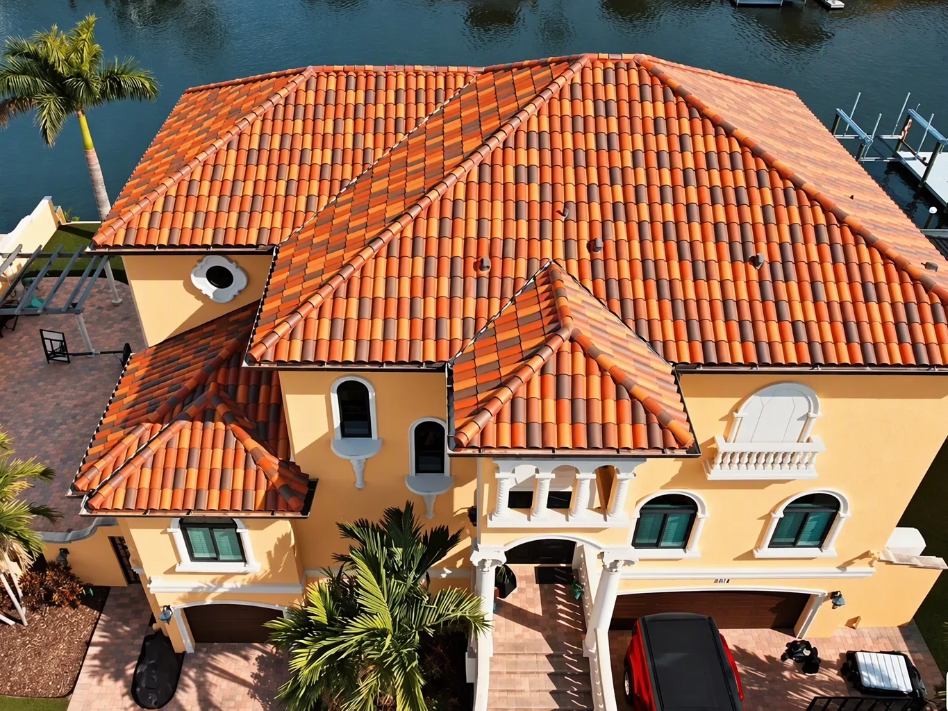 A roofer working on a residential clay tile roofing job — mid-task, hands, tools and the work itself in sharp focus, the rest of the space softly out of focus