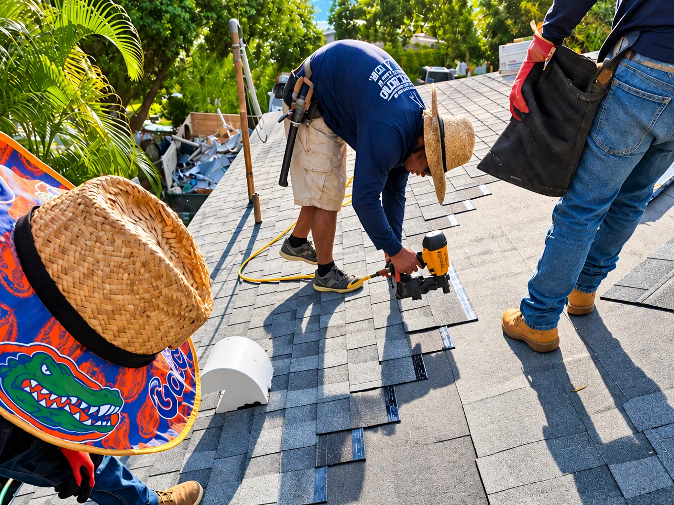A roofer working on a residential roof repair job — mid-task, hands, tools and the work itself in sharp focus, the rest of the space softly out of focus