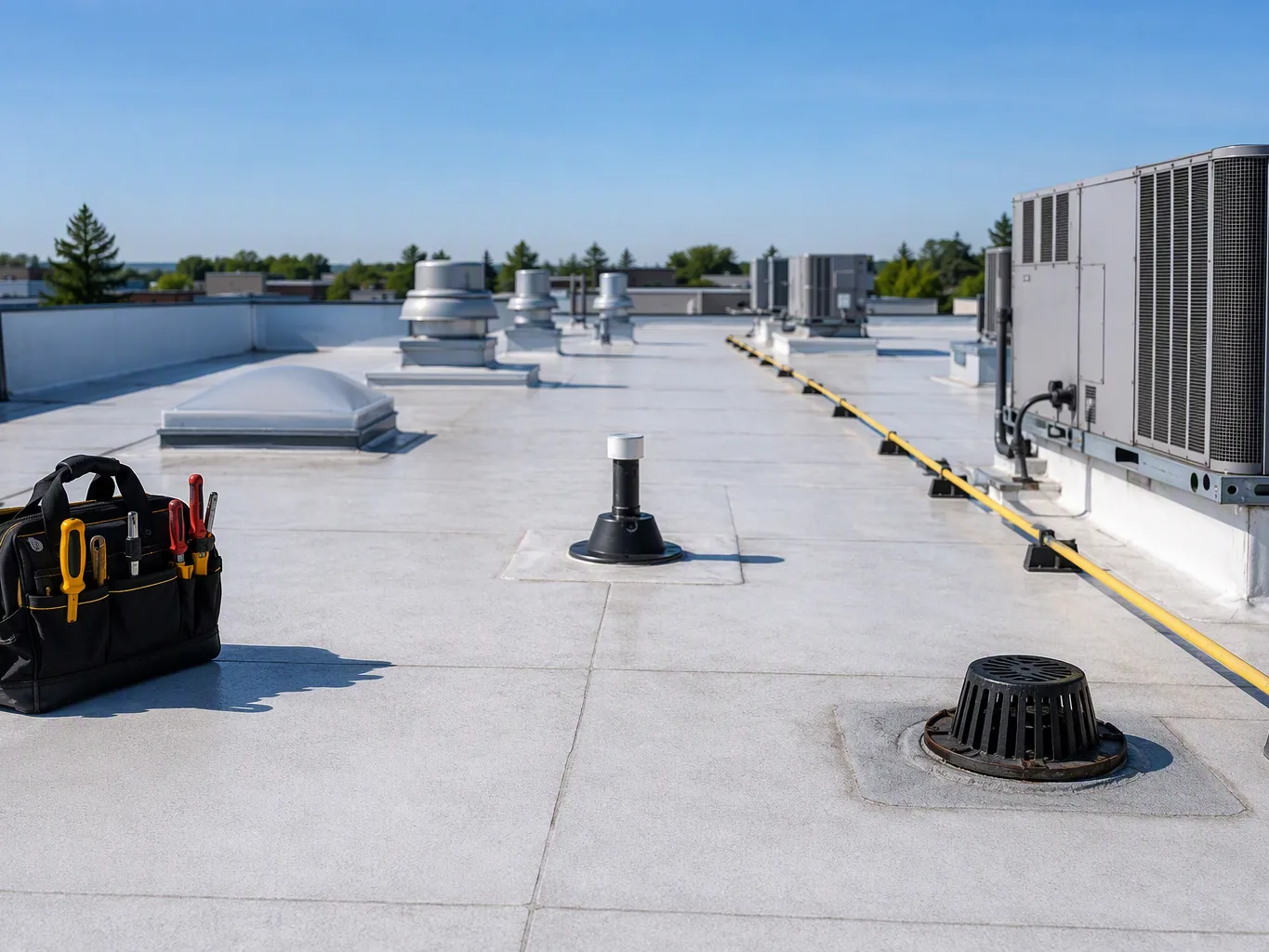 A roofer working on a residential commercial roof maintenance job — mid-task, hands, tools and the work itself in sharp focus, the rest of the space softly out of focus