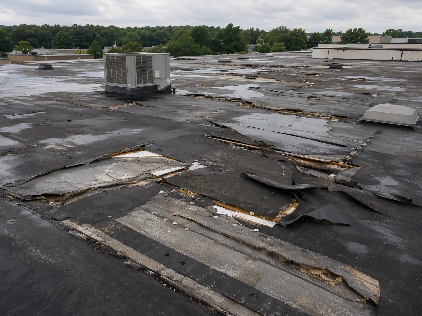 A roofer working on a residential storm damage roof repair job — mid-task, hands, tools and the work itself in sharp focus, the rest of the space softly out of focus