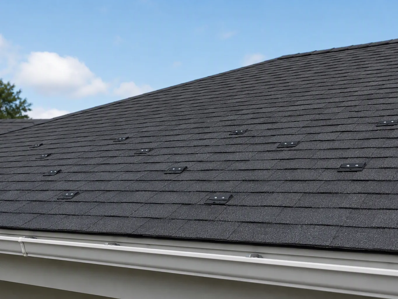 A roofer working on a residential wind mitigation inspections job — mid-task, hands, tools and the work itself in sharp focus, the rest of the space softly out of focus