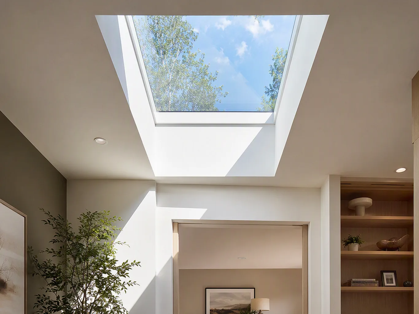 A roofer working on a residential skylight installation job — mid-task, hands, tools and the work itself in sharp focus, the rest of the space softly out of focus