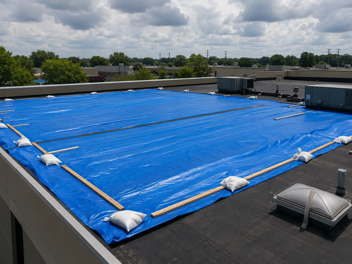 A roofer working on a residential emergency roof tarping job — mid-task, hands, tools and the work itself in sharp focus, the rest of the space softly out of focus