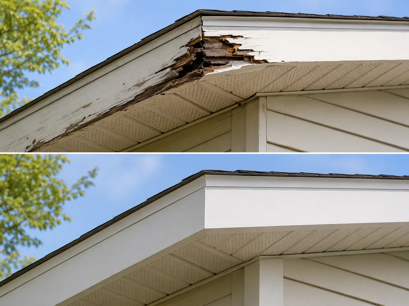 A roofer working on a residential fascia and soffit repair job — mid-task, hands, tools and the work itself in sharp focus, the rest of the space softly out of focus