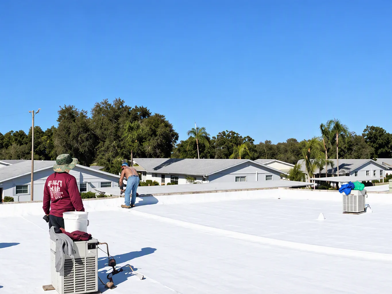 A roofer working on a residential flat roofing job — mid-task, hands, tools and the work itself in sharp focus, the rest of the space softly out of focus