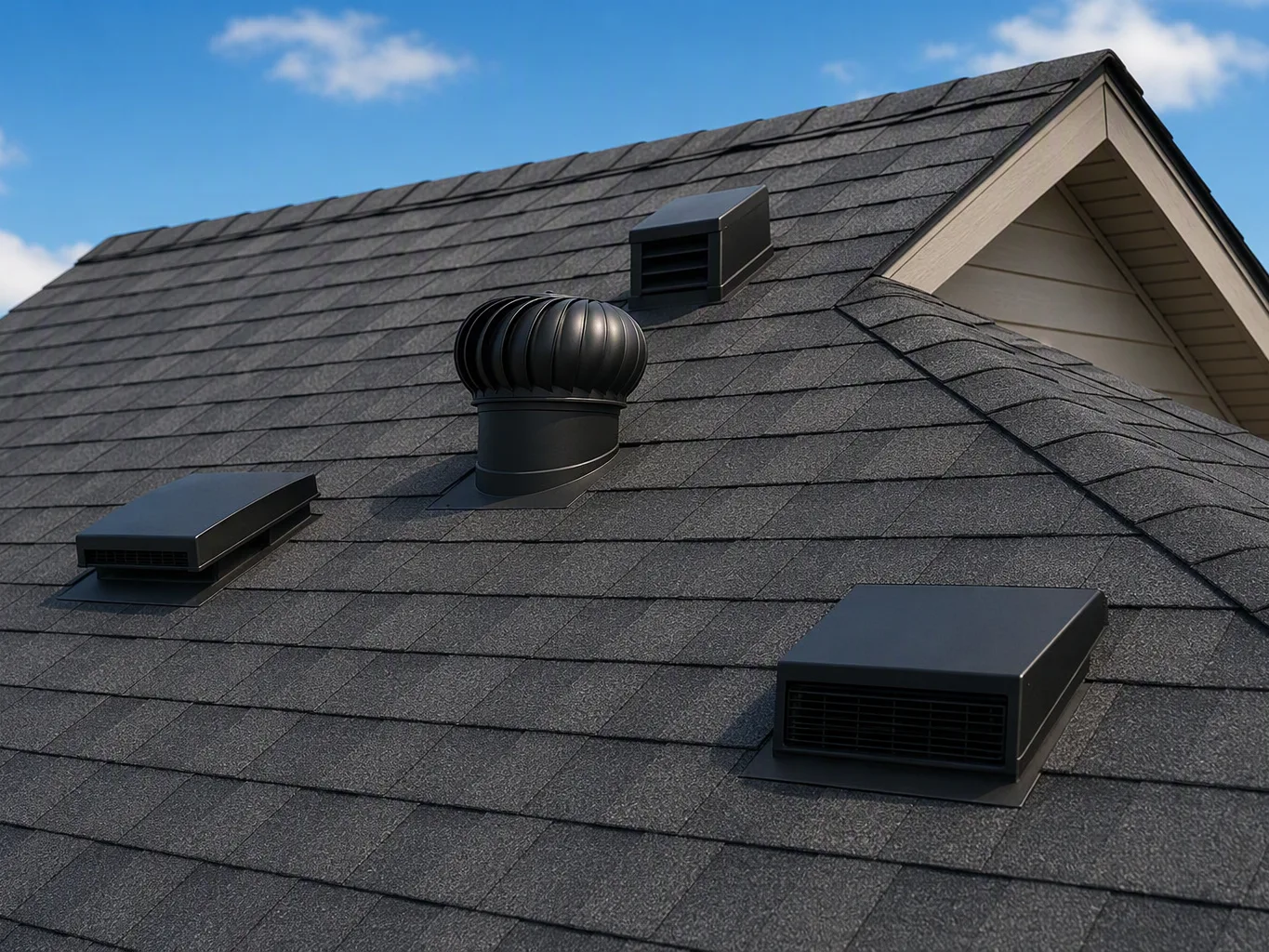 A roofer working on a residential roof ventilation job — mid-task, hands, tools and the work itself in sharp focus, the rest of the space softly out of focus