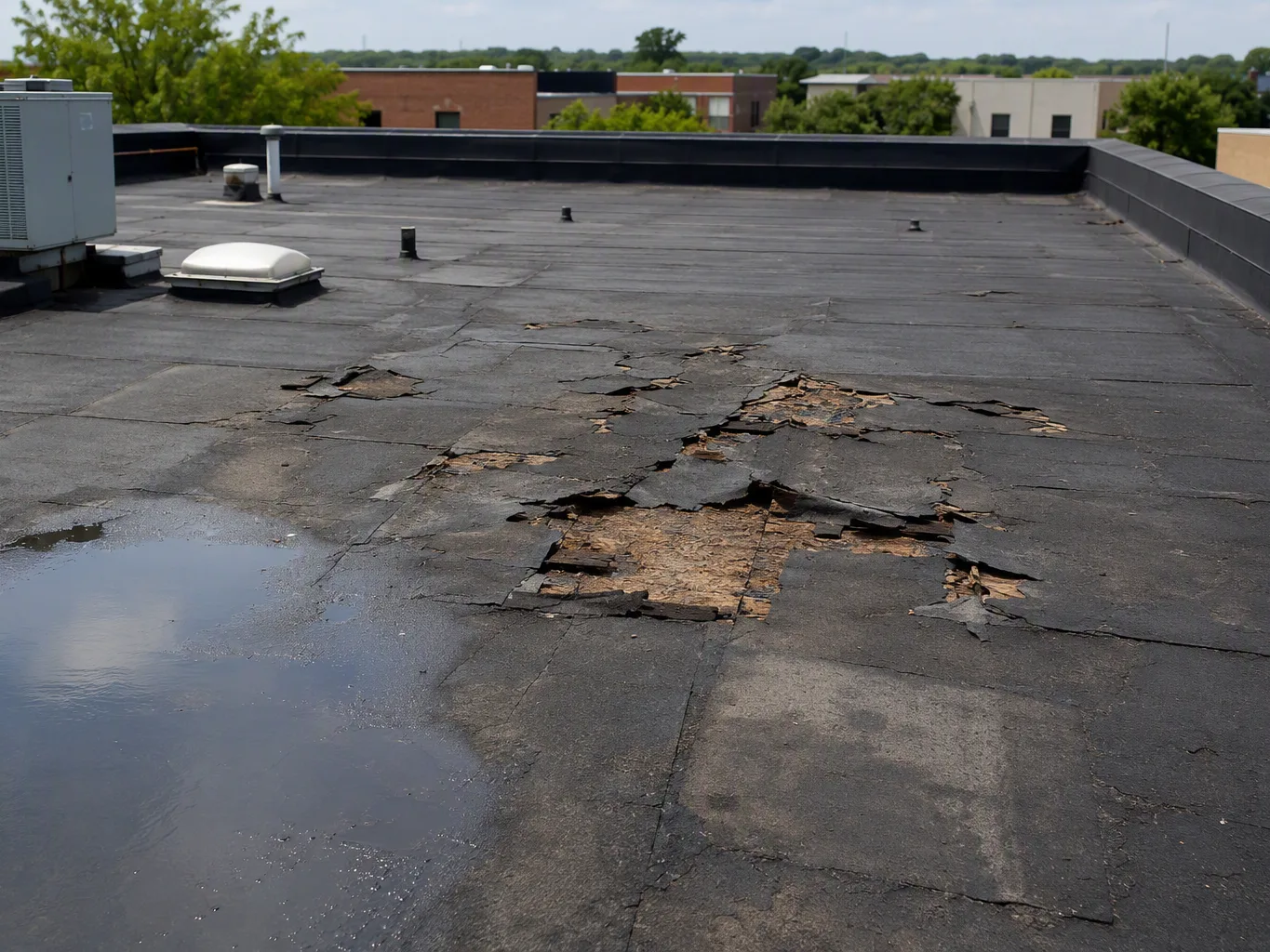 A roofer working on a residential insurance claim assistance job — mid-task, hands, tools and the work itself in sharp focus, the rest of the space softly out of focus